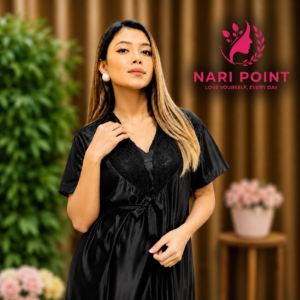 6 Part Black Color Premium Satin Nighty