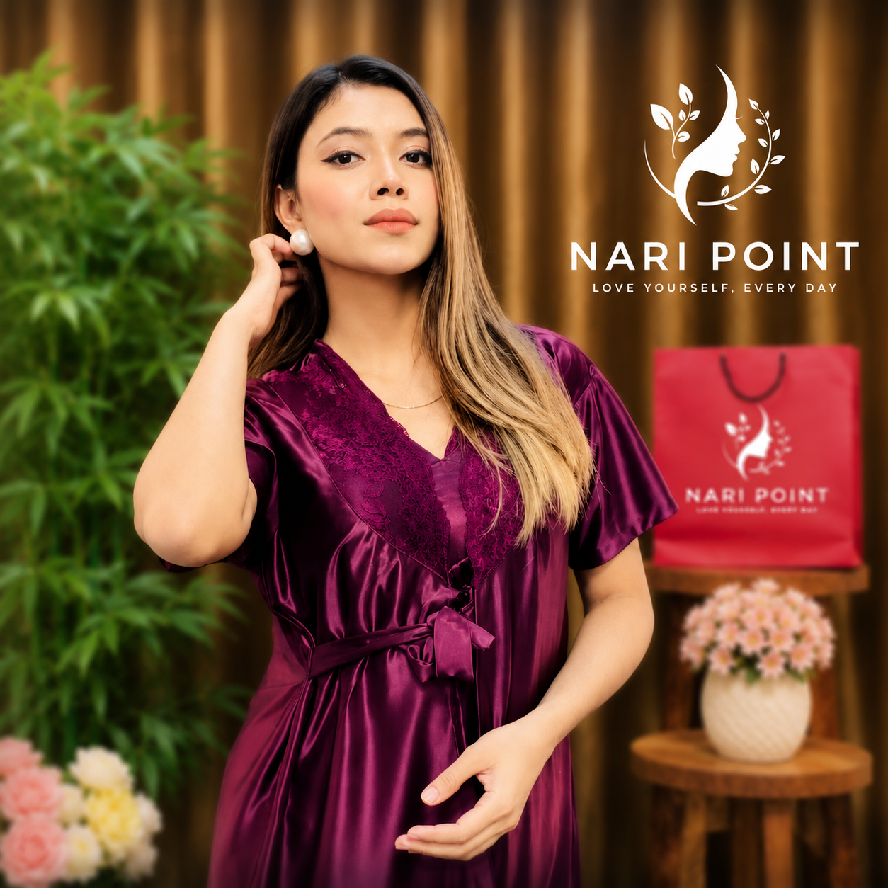 6 Part Burgundy Color Premium Satin Nighty
