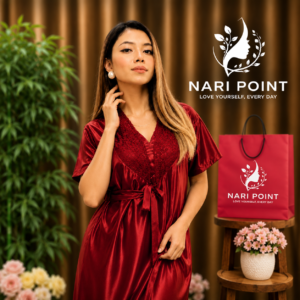6 Part Maroon Color Premium Satin Nighty