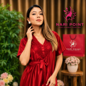 6 Part Red Color Premium Satin Nighty